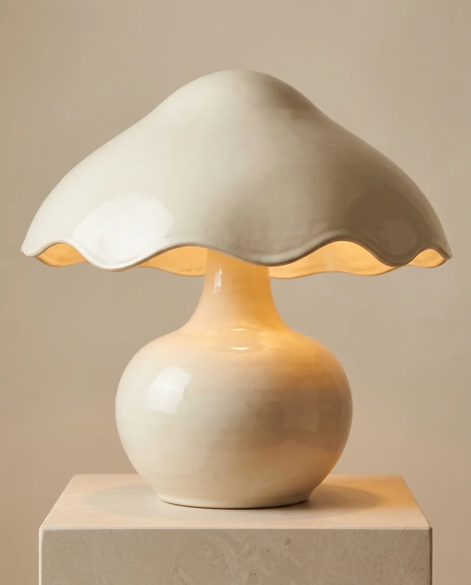 A pencil lamp sketch turned into a glowing ivory ceramic product photograph