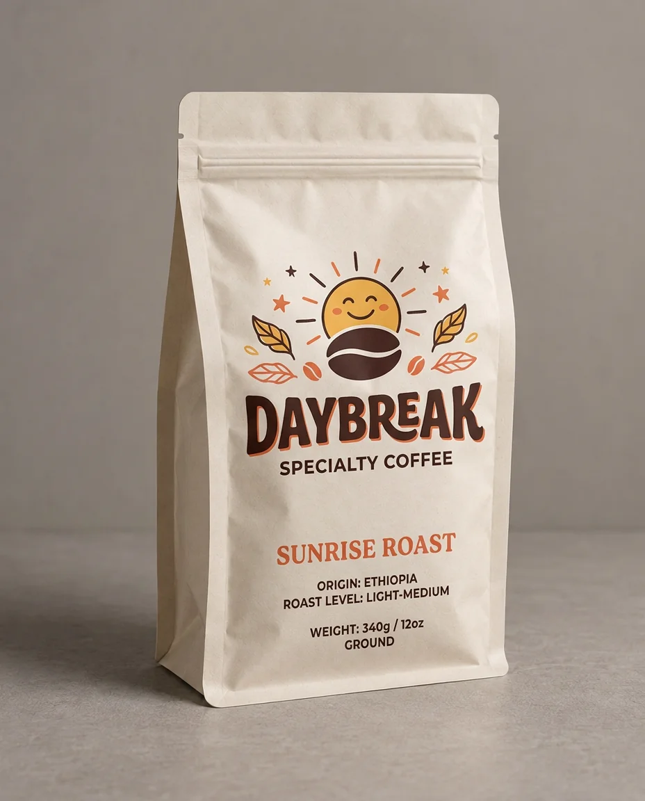 Daybreak coffee packaging with bold orange typography and a playful illustrated sunrise