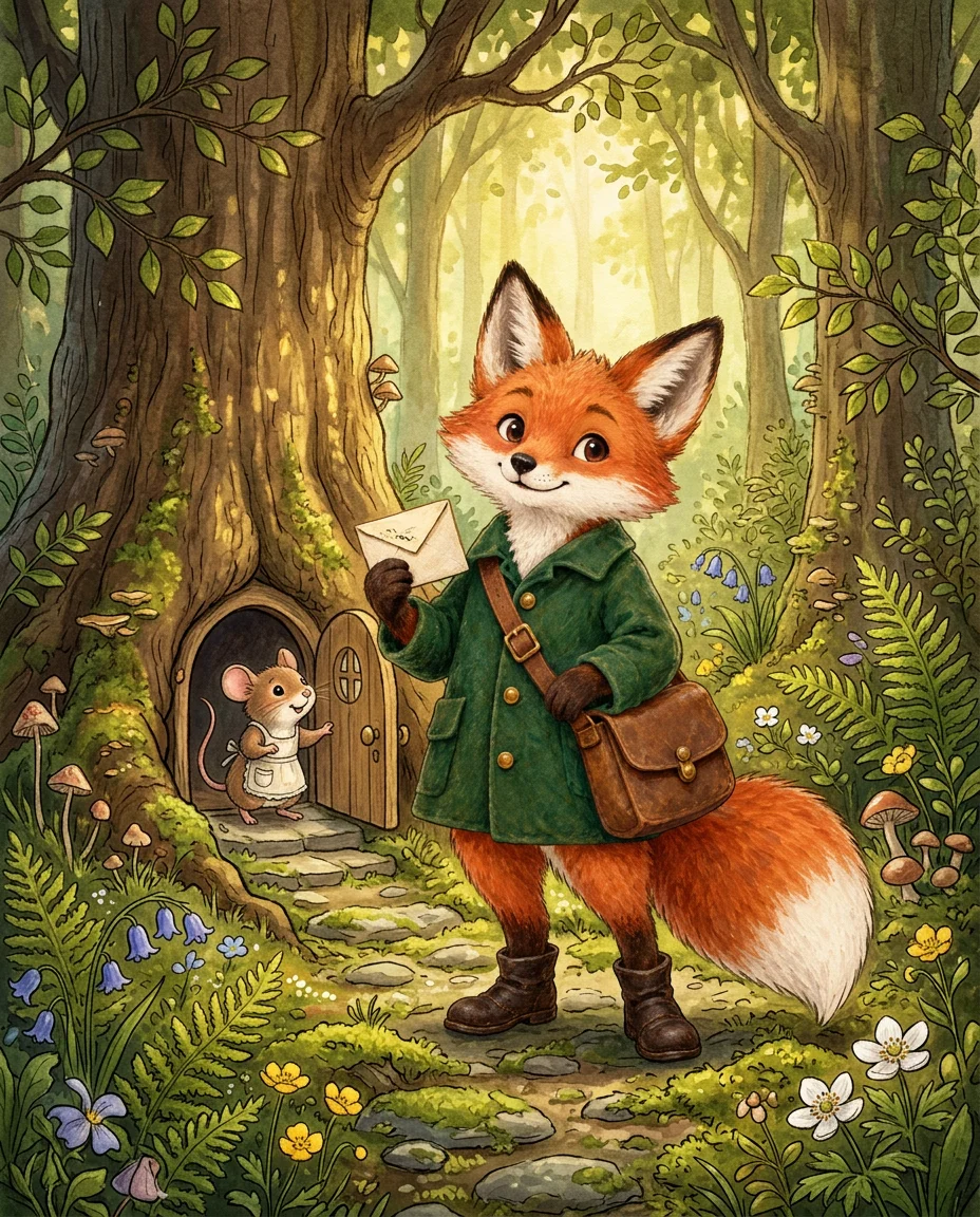 The reference fox postman delivering a letter to a tiny woodland house