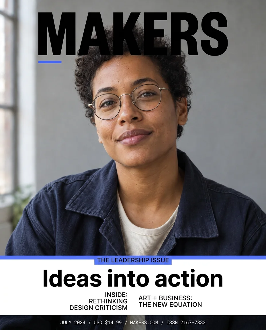 The supplied portrait transformed into a MAKERS magazine cover headed Ideas into action