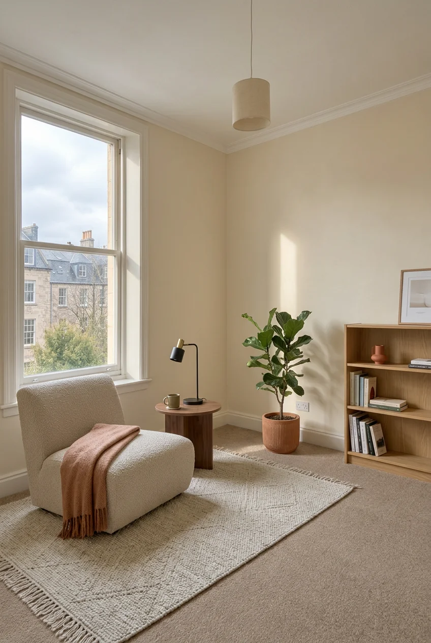 An empty room reimagined as a warm reading nook
