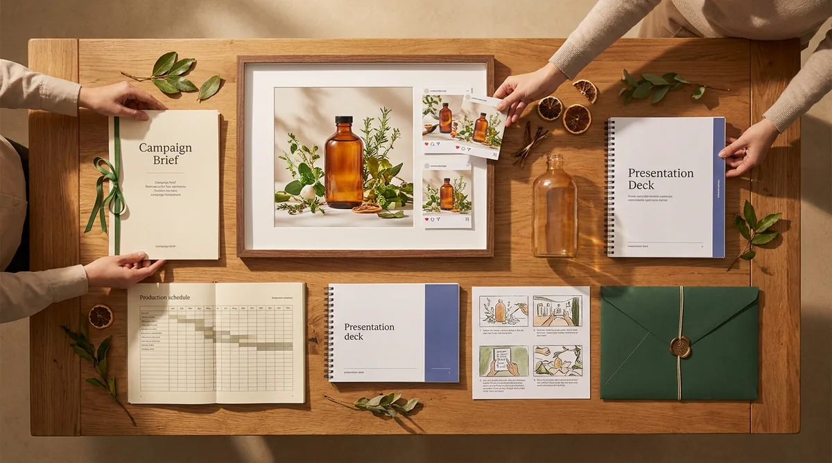 A coherent botanical product campaign delivered as imagery, a brief, presentation, production schedule, storyboard, and handoff pack