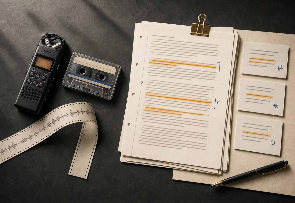 A voice recording organized into highlighted transcript notes and pull-quote cards