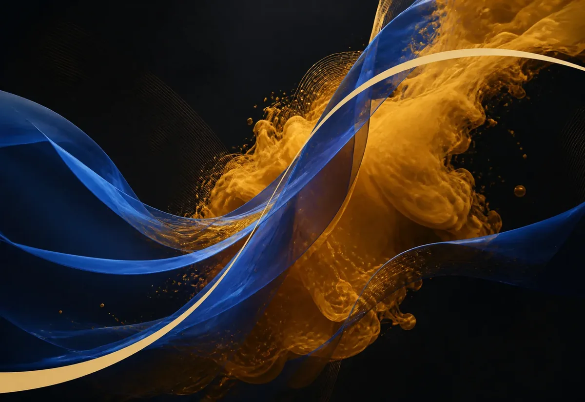 Cobalt film ribbons and a controlled amber plume forming a repeatable motion language