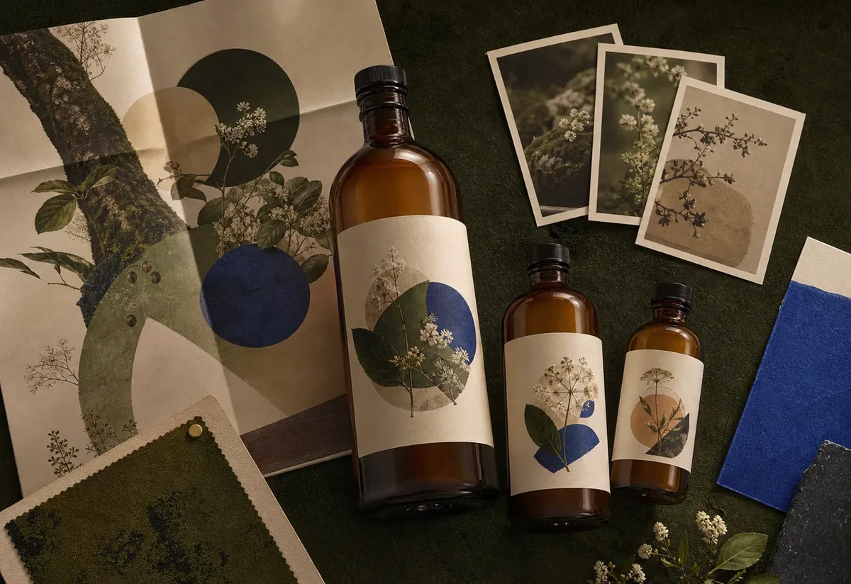 A cohesive botanical drinks brand system spanning packaging, print, texture, and campaign crops