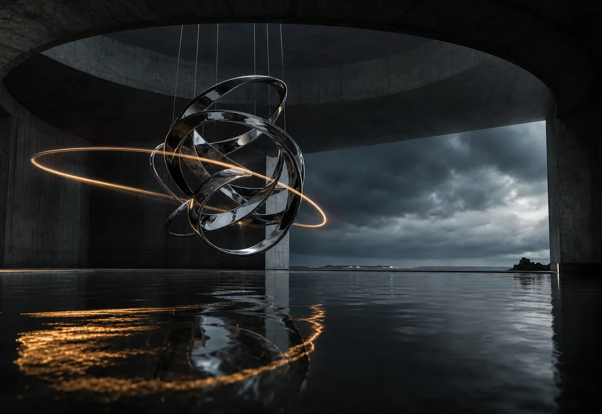 A chrome kinetic sculpture and amber light ribbon above a dark tidal pool