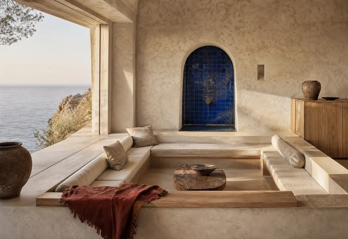 A coastal guesthouse lounge defined by lime plaster, cobalt tile, oak, and rust linen