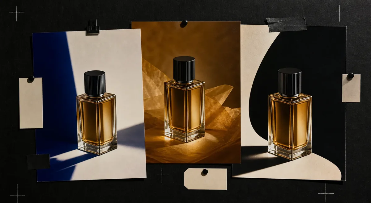 One perfume bottle explored across three distinct campaign key-visual routes
