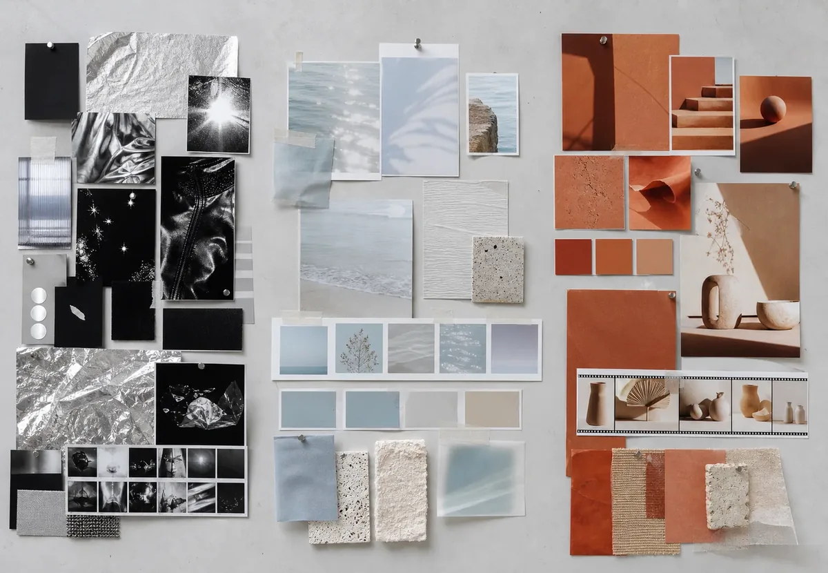 Three distinct moodboard routes built from photography, palette, and material references