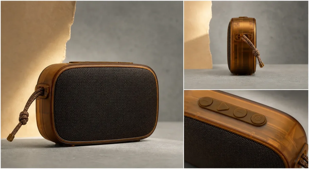 The same translucent amber speaker shown as a hero, profile, and material detail
