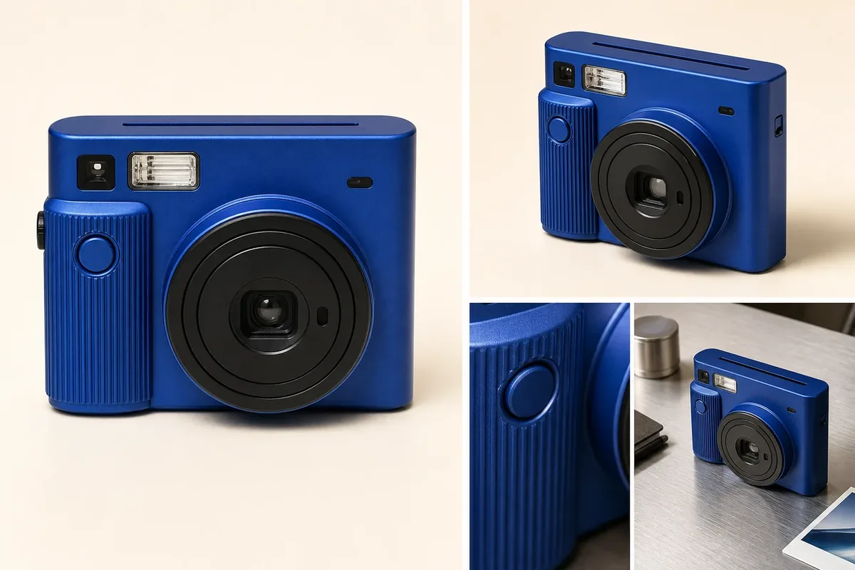 One cobalt instant camera photographed as a hero, gallery view, detail, and tabletop shot