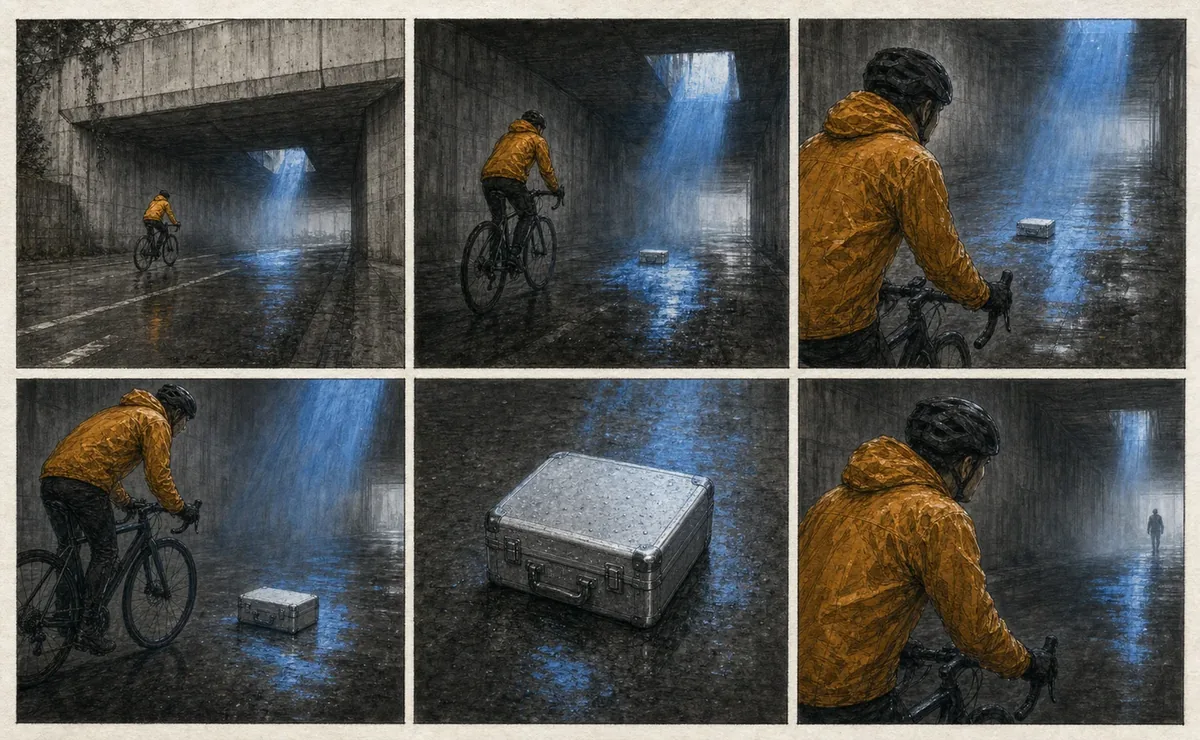 Six consistent storyboard frames following a cyclist through a rain-dark underpass