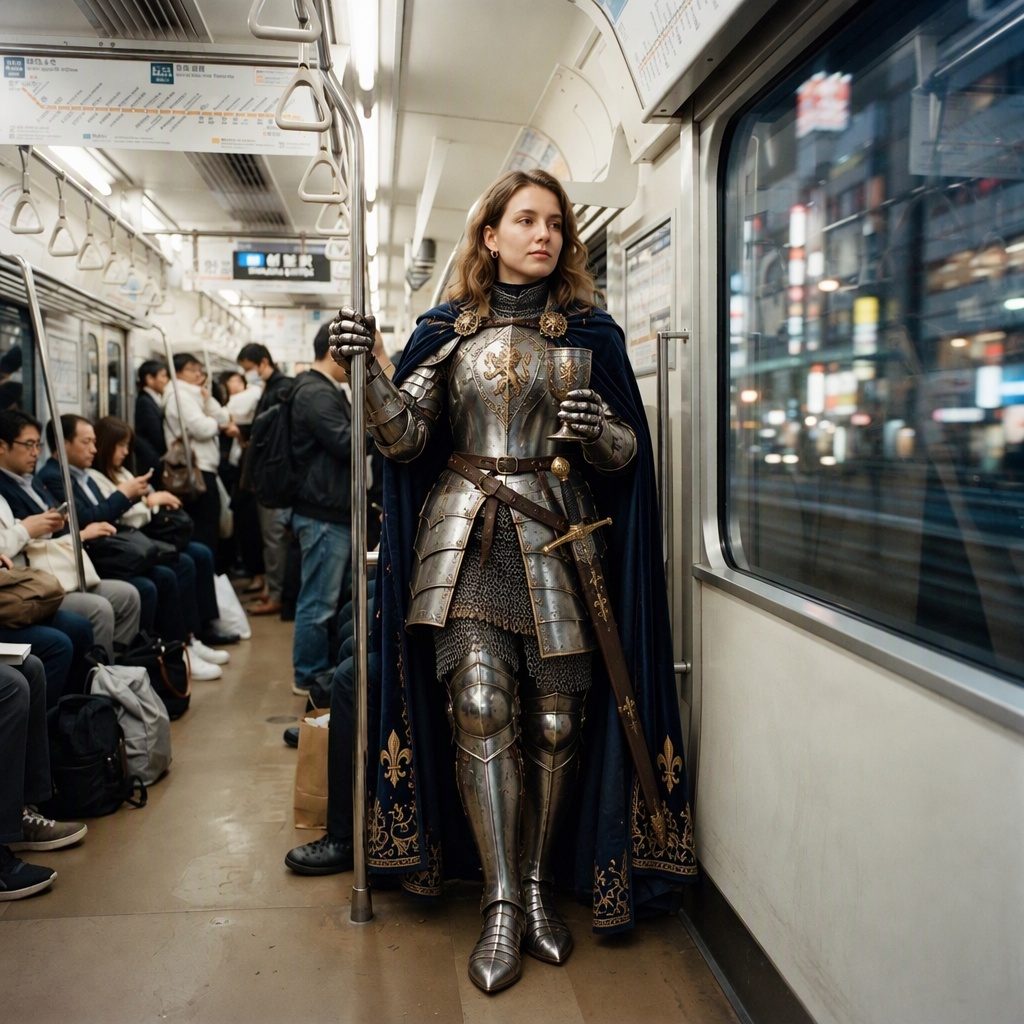 GPT Image 2.5 image editing example: a woman wearing silver armour and a navy cloak inside a modern subway carriage