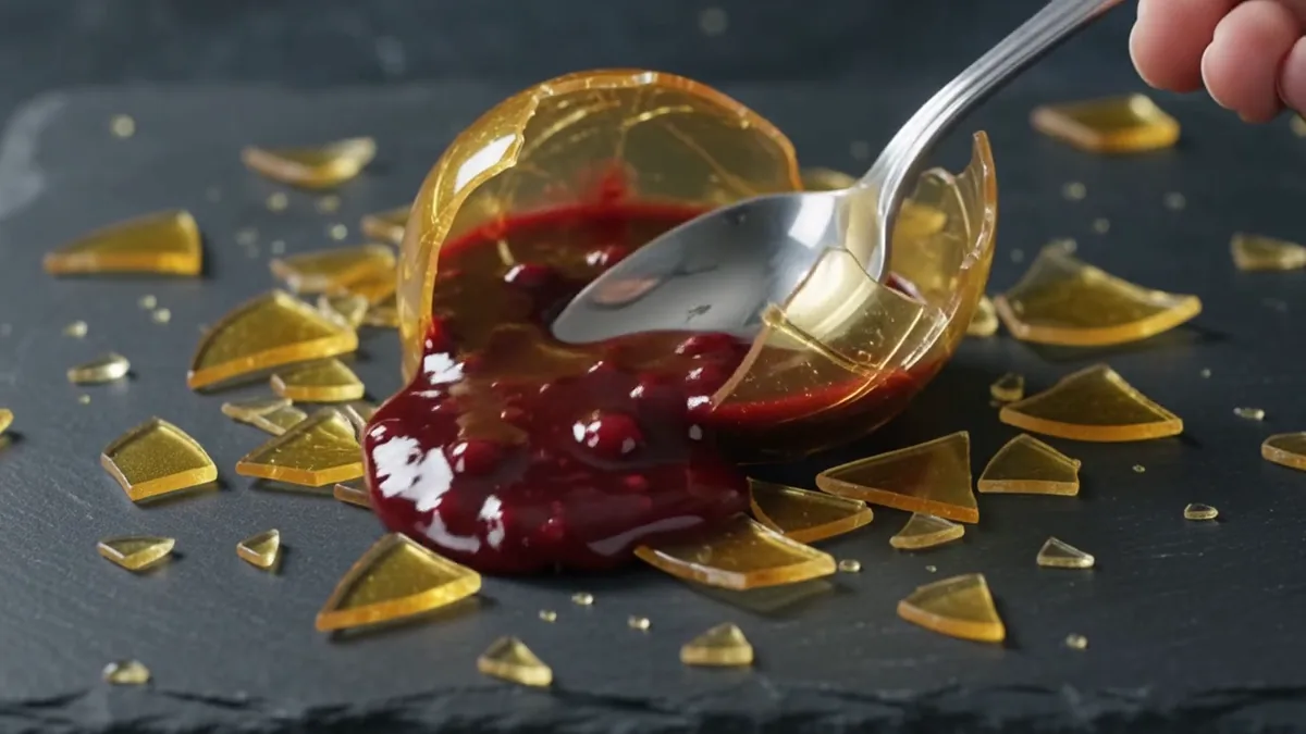 Dark berry sauce flowing through the fractured caramel shell after impact.