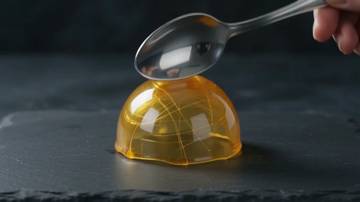 The intact golden caramel dome immediately before impact.