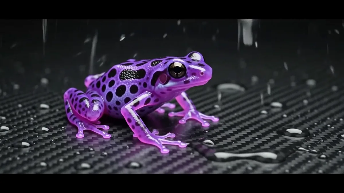 Gemini Omni Flash edit showing a glowing purple frog on a black carbon-fibre surface in a dark studio.