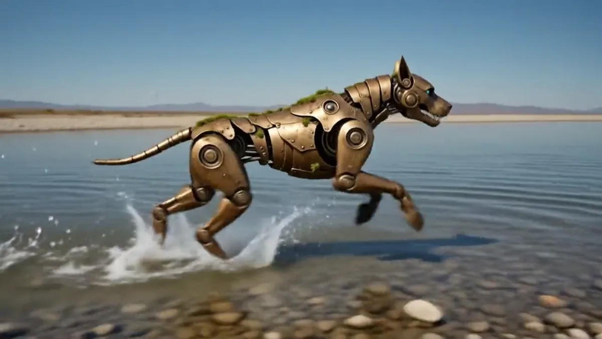 Gemini Omni Flash edit of a brass and moss robotic hound running through shallow water.