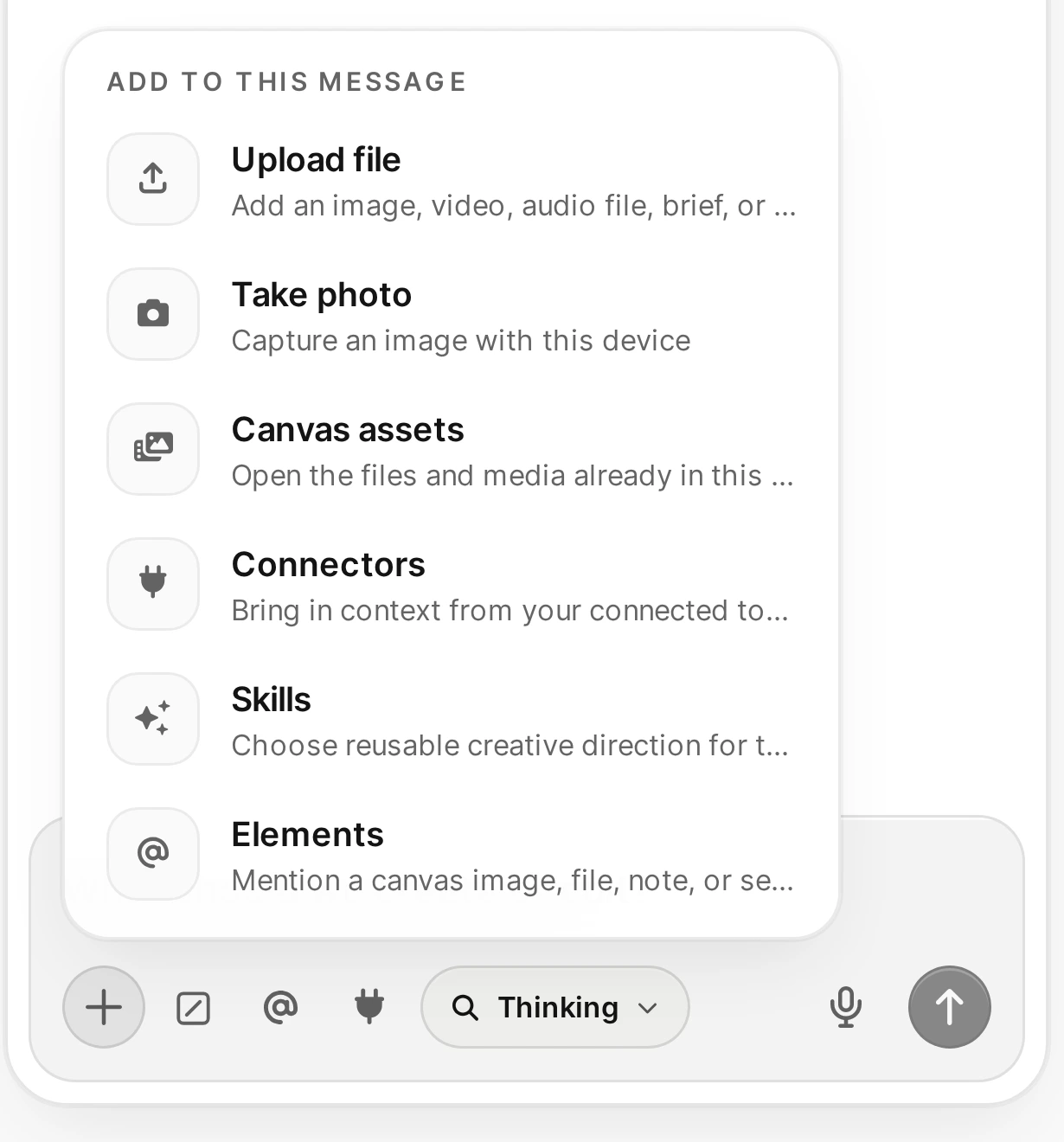 Actual Add context menu with Upload file, Take photo, Canvas assets, Connectors, Skills and Elements, above the Agent composer controls.