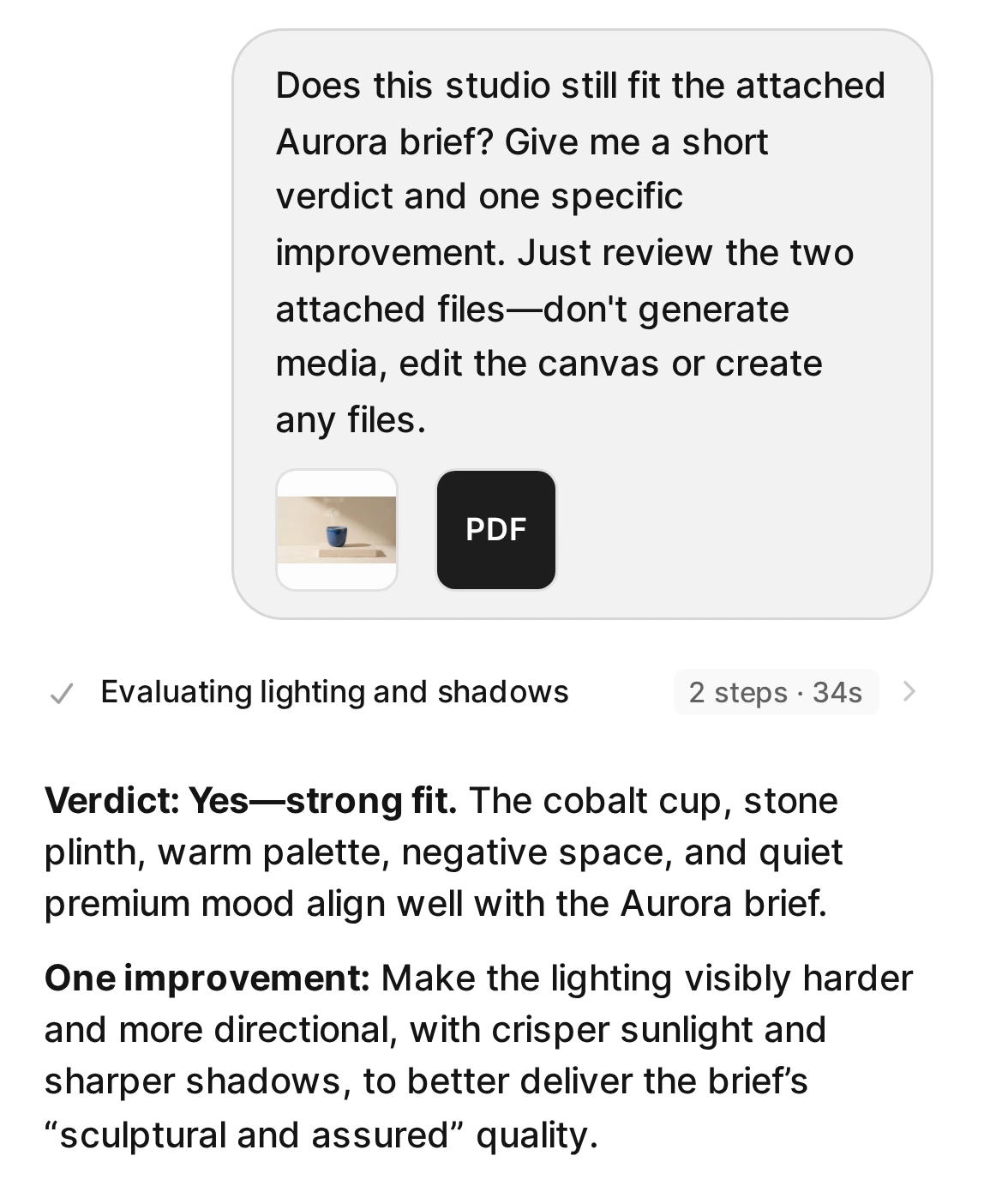 Submitted image-and-PDF message and Agent's completed review: the blue cup fits the campaign, but sharper sunlight would better match the brief's studio direction.