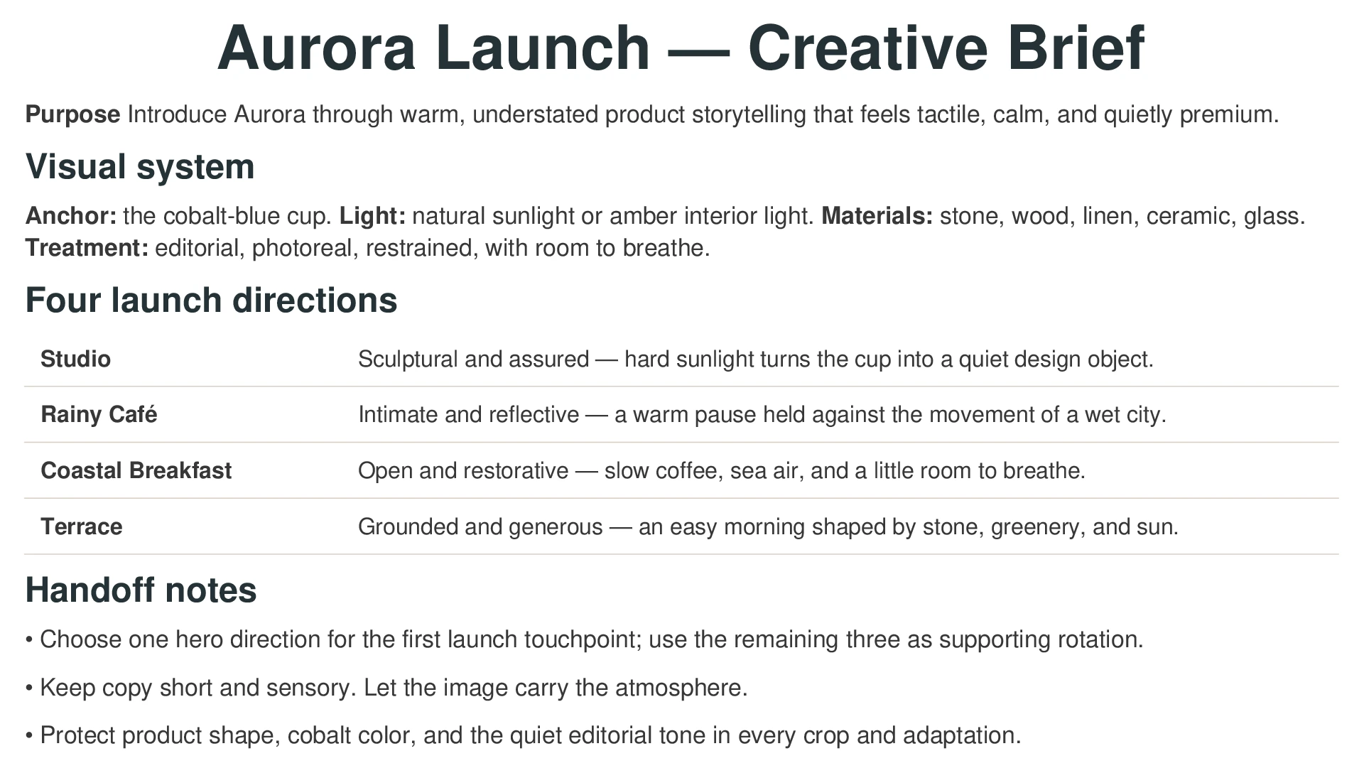 Rendered content of the generated Aurora creative-brief PDF, including its visual system, Studio, Rainy Café, Coastal Breakfast and Terrace directions, and three handoff notes.