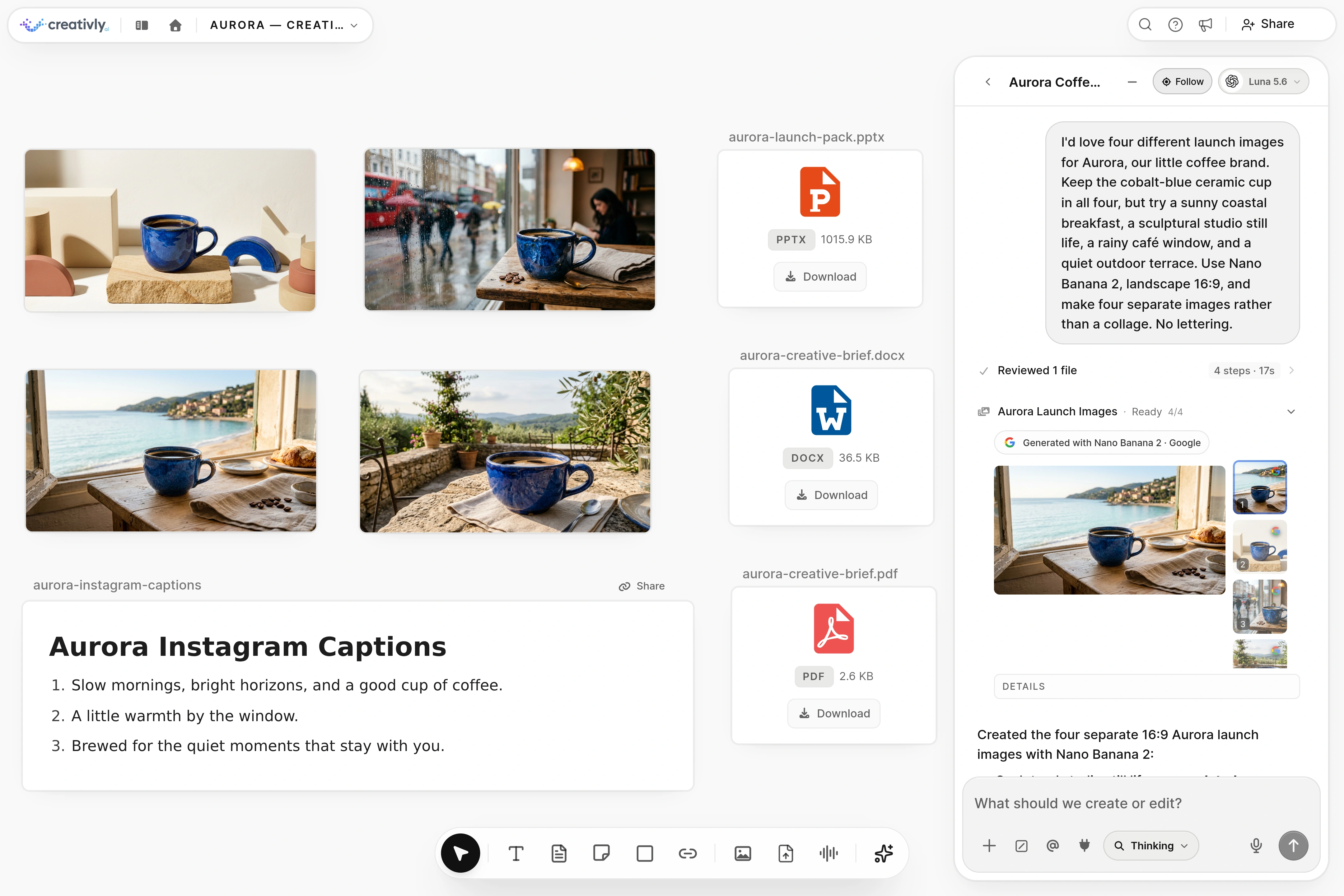 Light-mode Agent canvas with four blue-cup campaign concepts, a Markdown captions note, PowerPoint, Word and PDF file cards, and the natural request with four Ready image results.
