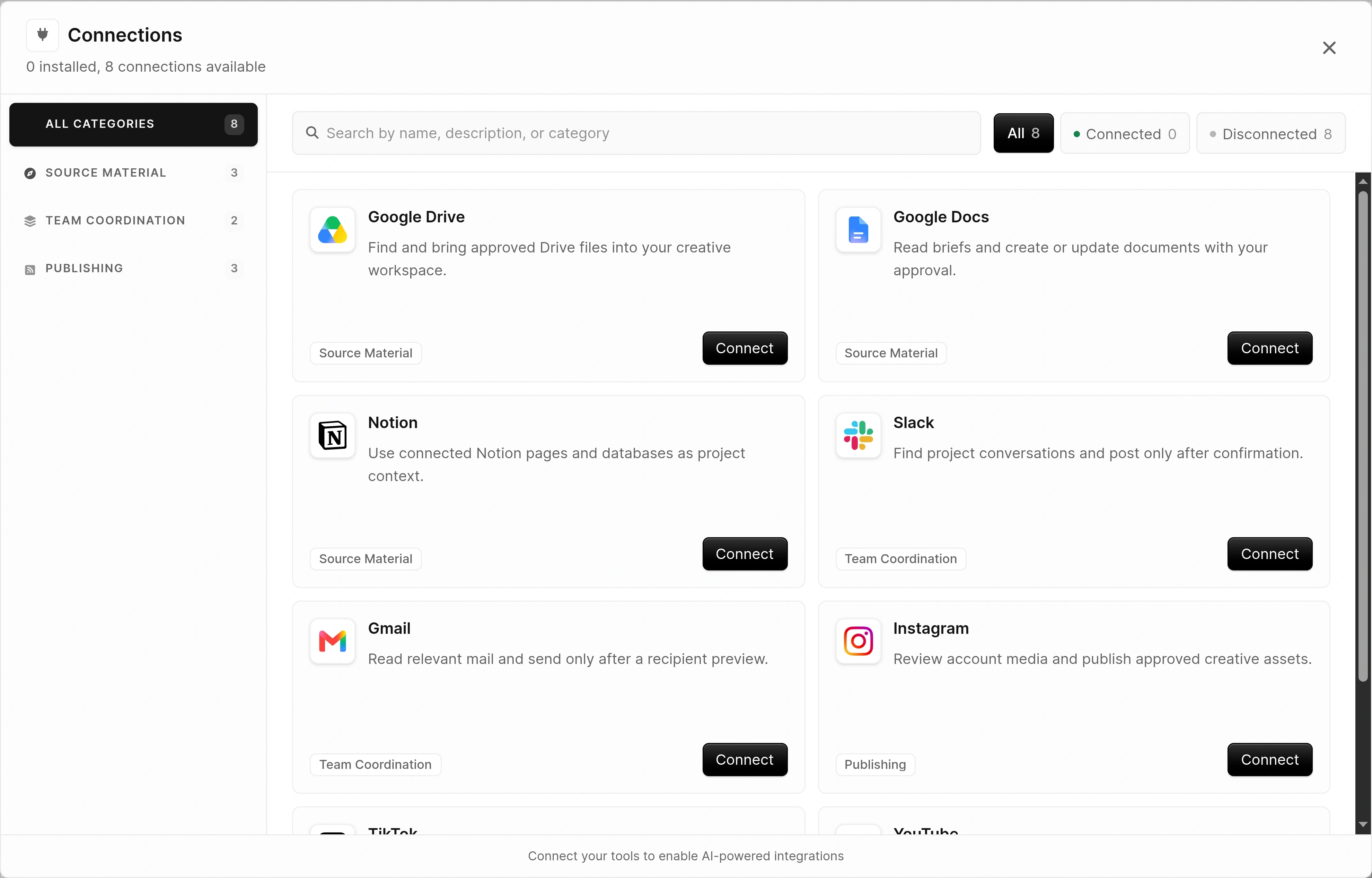 Agent Connections window with Google Drive, Google Docs, Notion, Slack, Gmail, Instagram, TikTok, and YouTube.