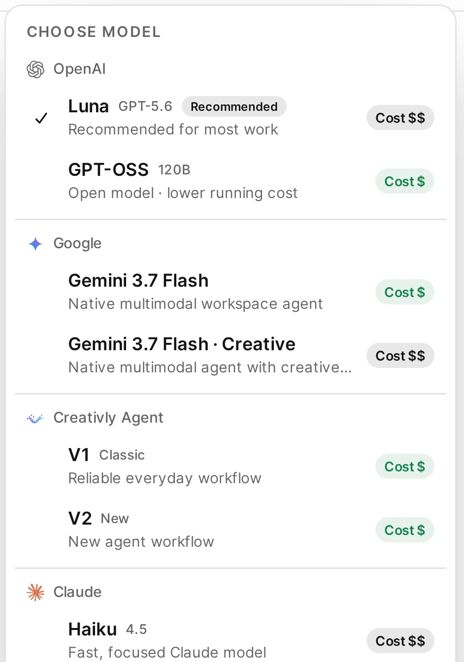 Actual conversation-model selector with Luna selected and other OpenAI, Google, Creativly Agent and Claude choices, each with a relative cost indicator.