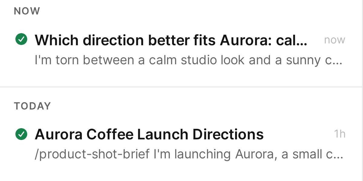 Creative Runs list with the completed planning conversation under Now and Aurora Coffee Launch Directions under Today.