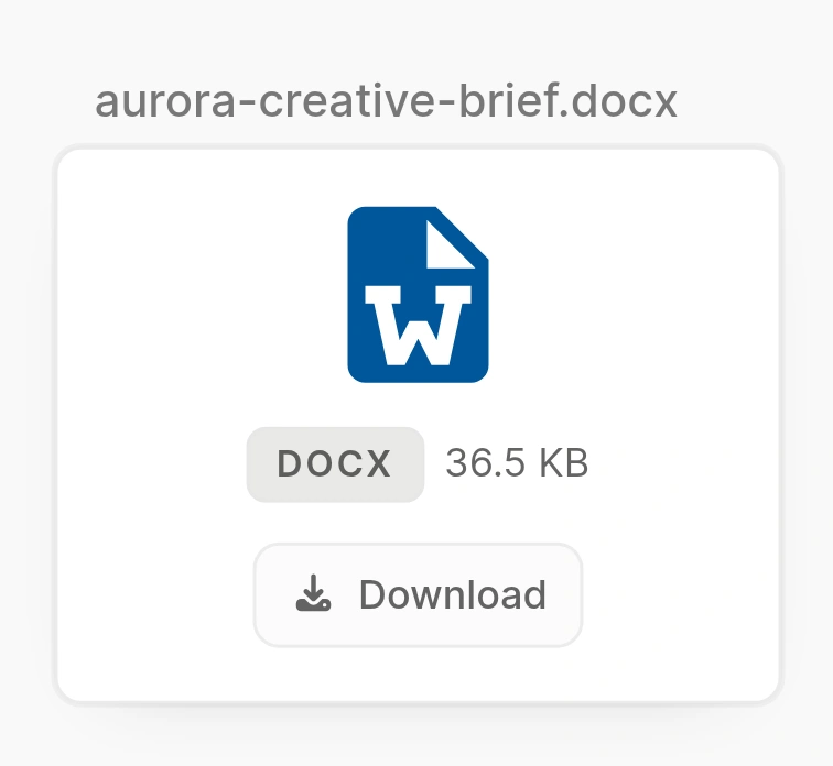 Actual Word document card on the Agent canvas, with DOCX icon, file size and Download button.