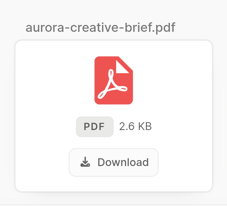 Actual PDF file card on the Agent canvas, with PDF icon, file size and Download button.