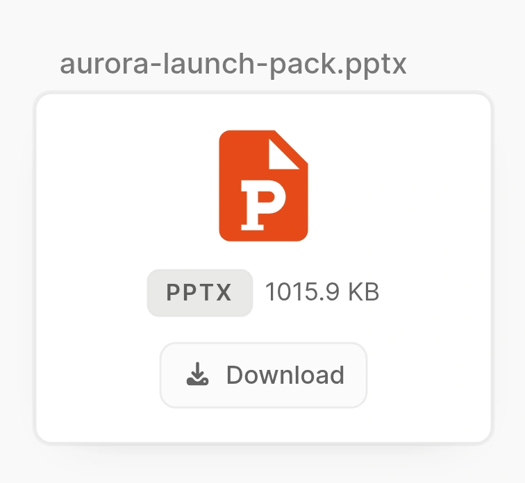 Actual PowerPoint file card on the Agent canvas, with PPTX icon, file size and Download button.