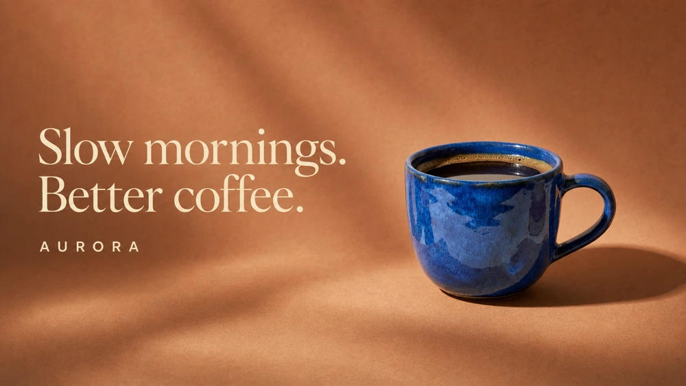 Edited Aurora ad with the blue cup on terracotta paper, a sunlit shadow and the headline Slow mornings. Better coffee.
