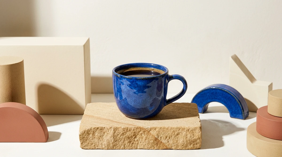 Blue ceramic coffee cup in a sculptural studio arrangement with warm geometric forms.