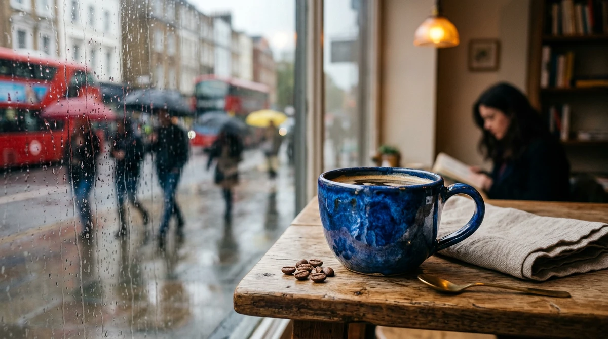 Blue ceramic coffee cup at a café window with raindrops and a softly blurred city outside.