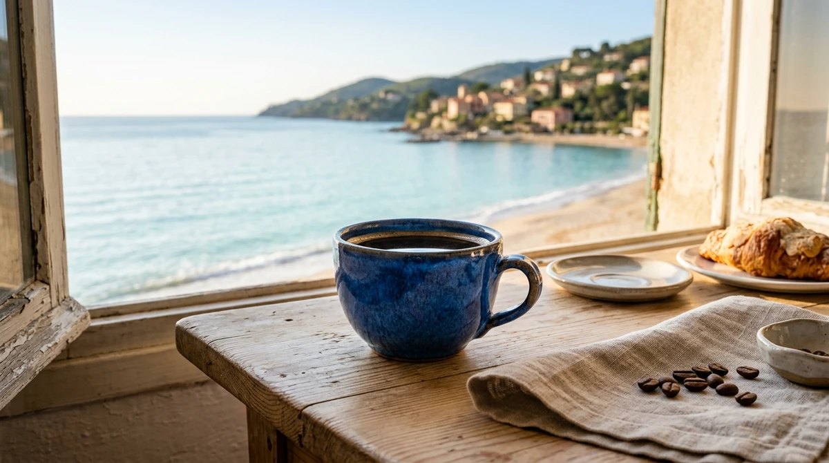 Blue ceramic coffee cup and breakfast beside an open coastal window.