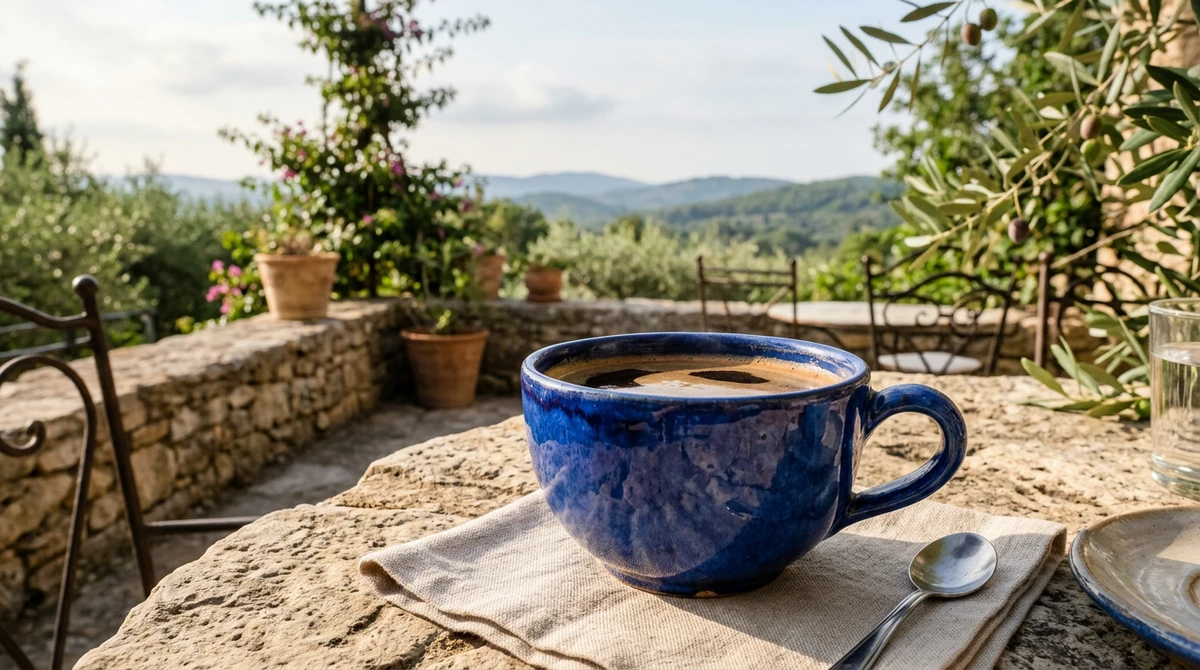 Blue ceramic coffee cup on a sunlit terrace with olive trees beyond.
