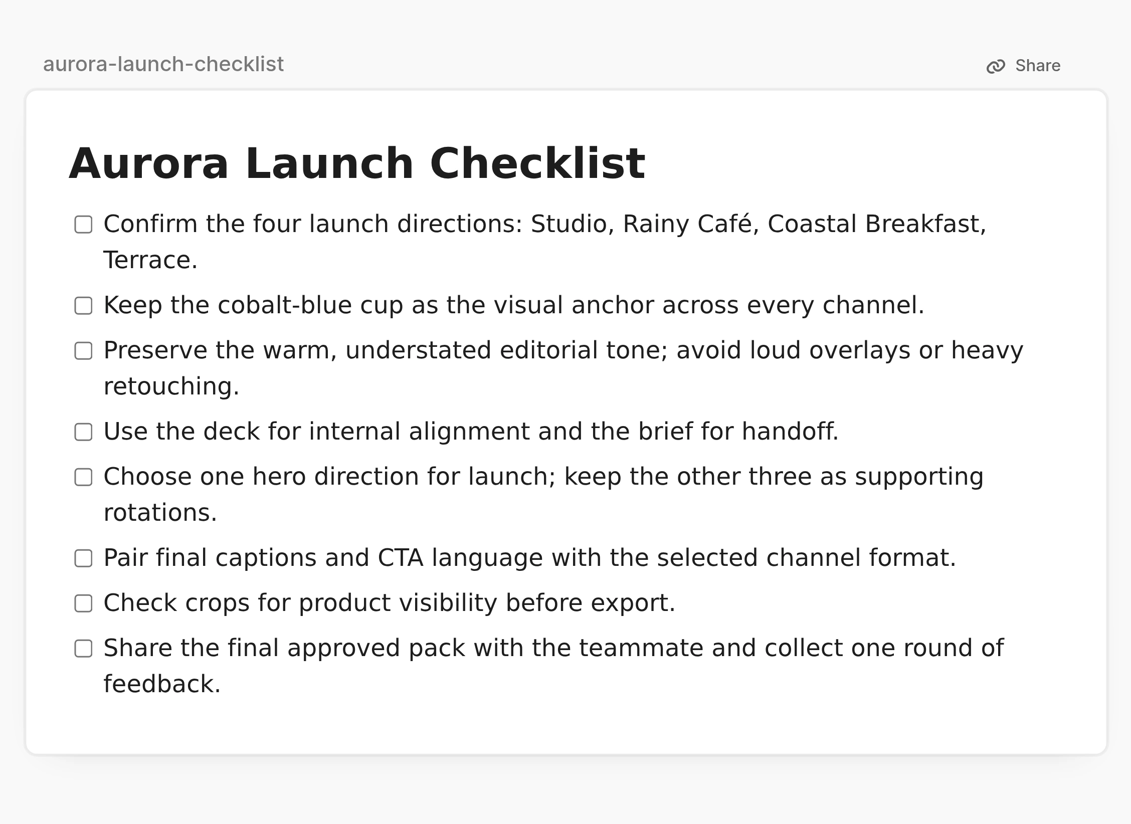 Actual Markdown launch checklist with campaign directions, product consistency, crop checks and handoff reminders.