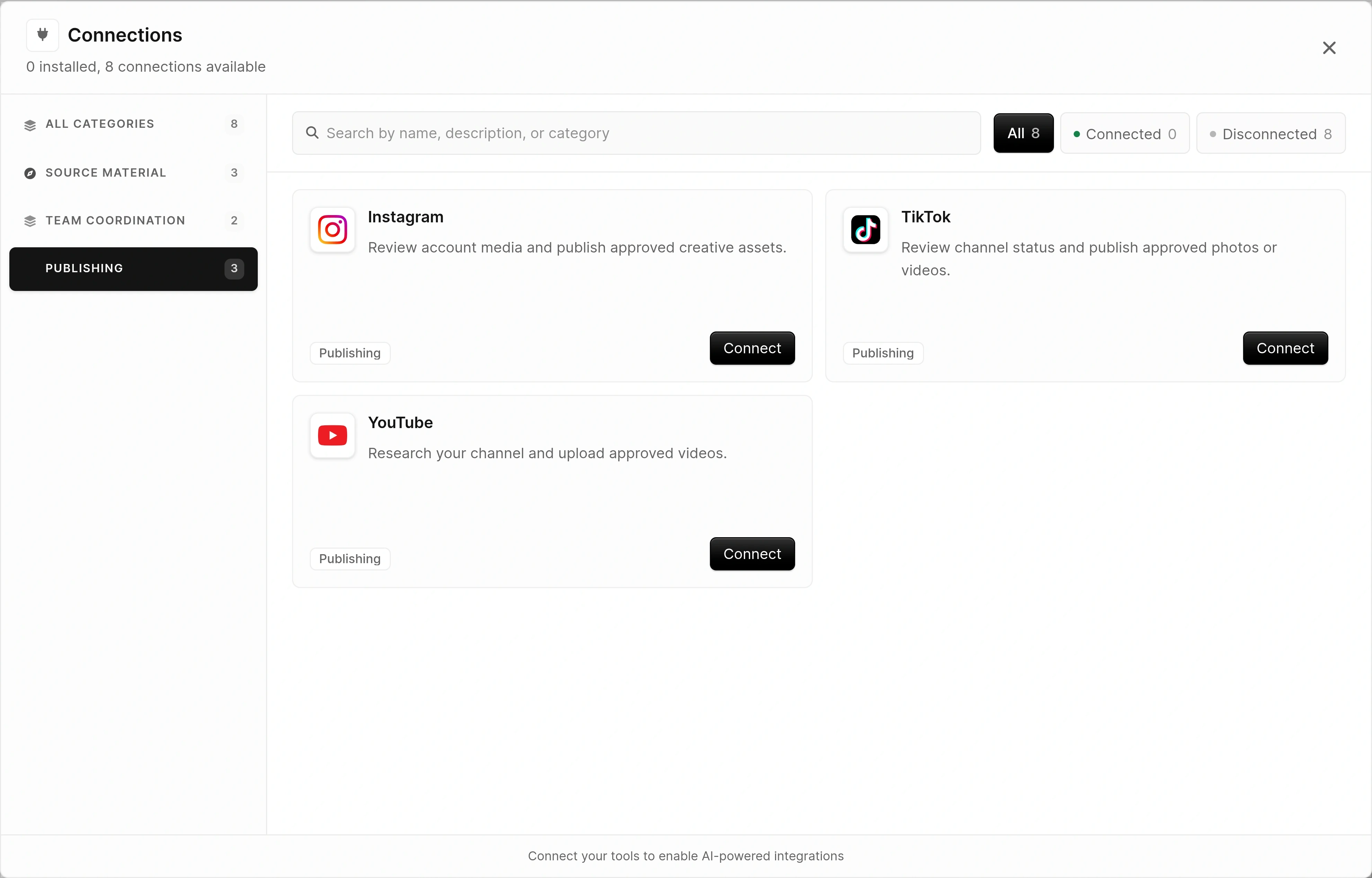 Publishing connections with Instagram, TikTok, and YouTube cards, each showing a Connect button.