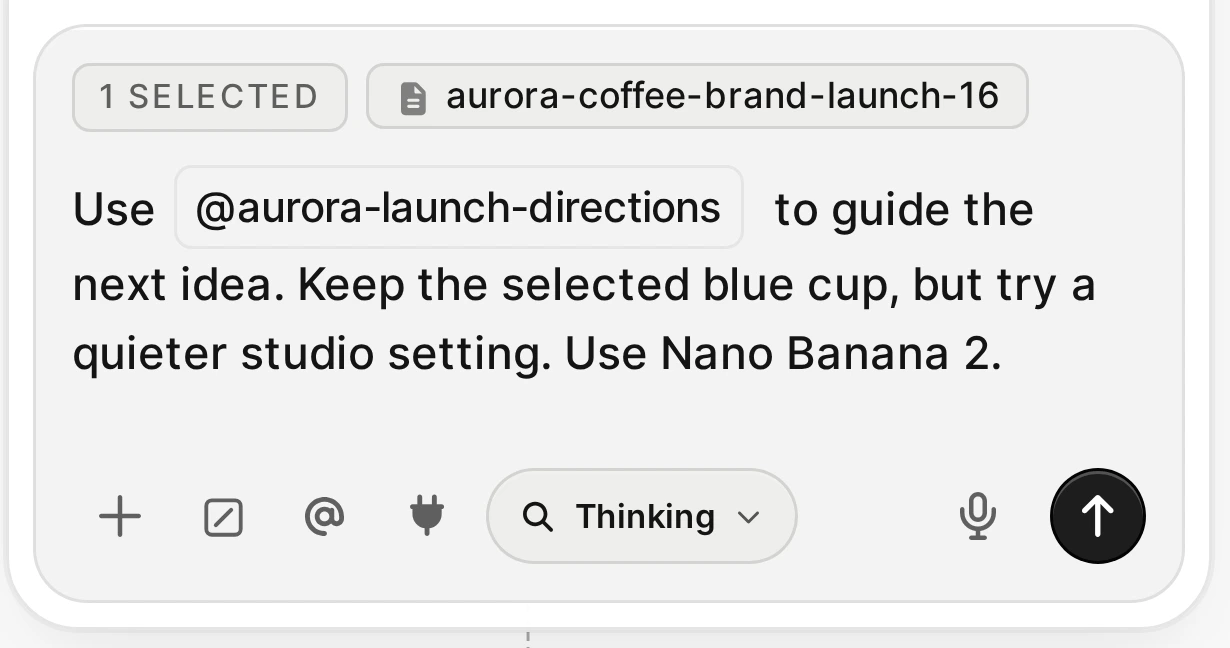 Agent composer with one blue-cup image selected, an inline aurora-launch-directions note mention, and a request naming Nano Banana 2.