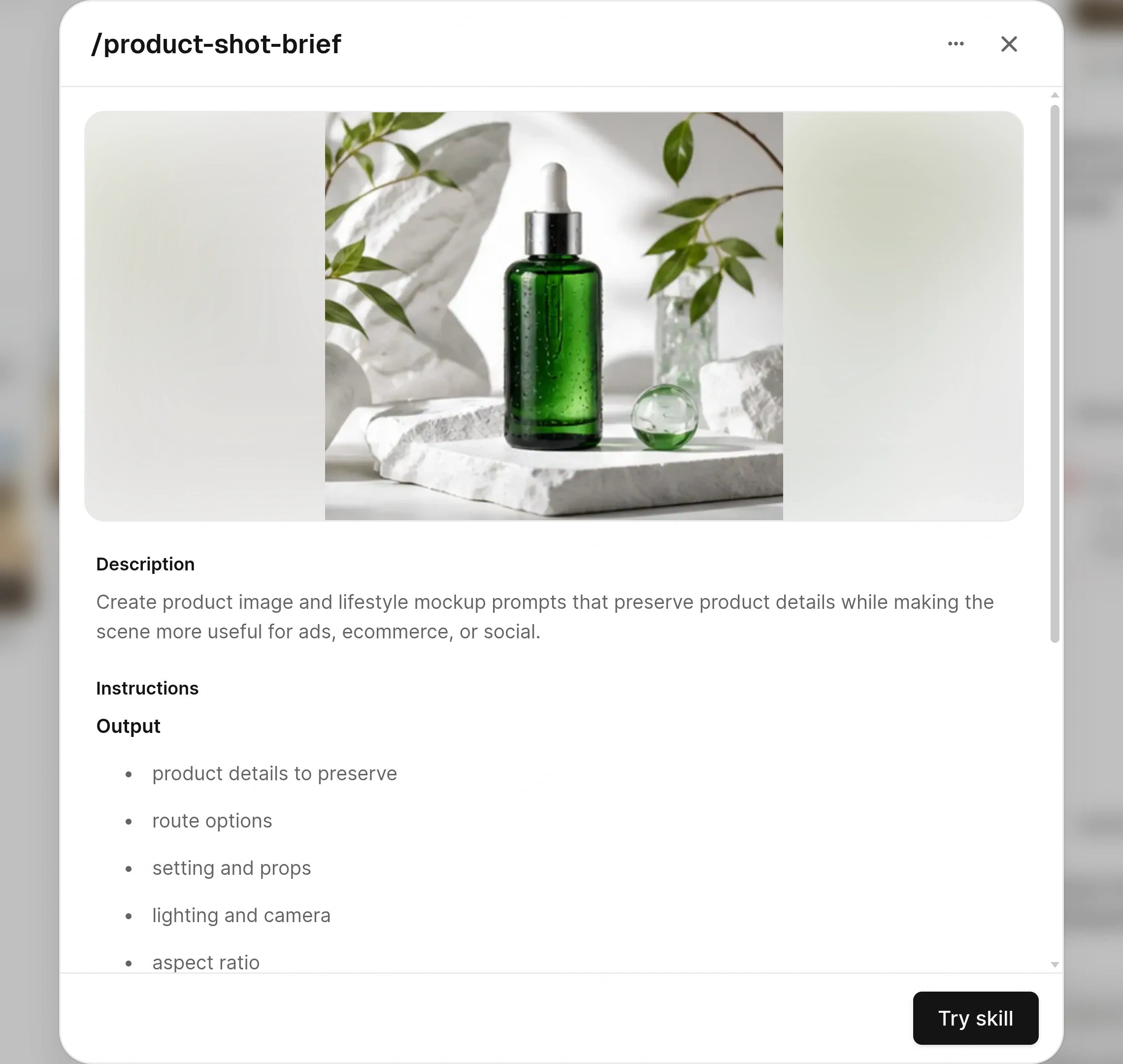 Product Visual skill details with its creative instructions and the Try skill button.
