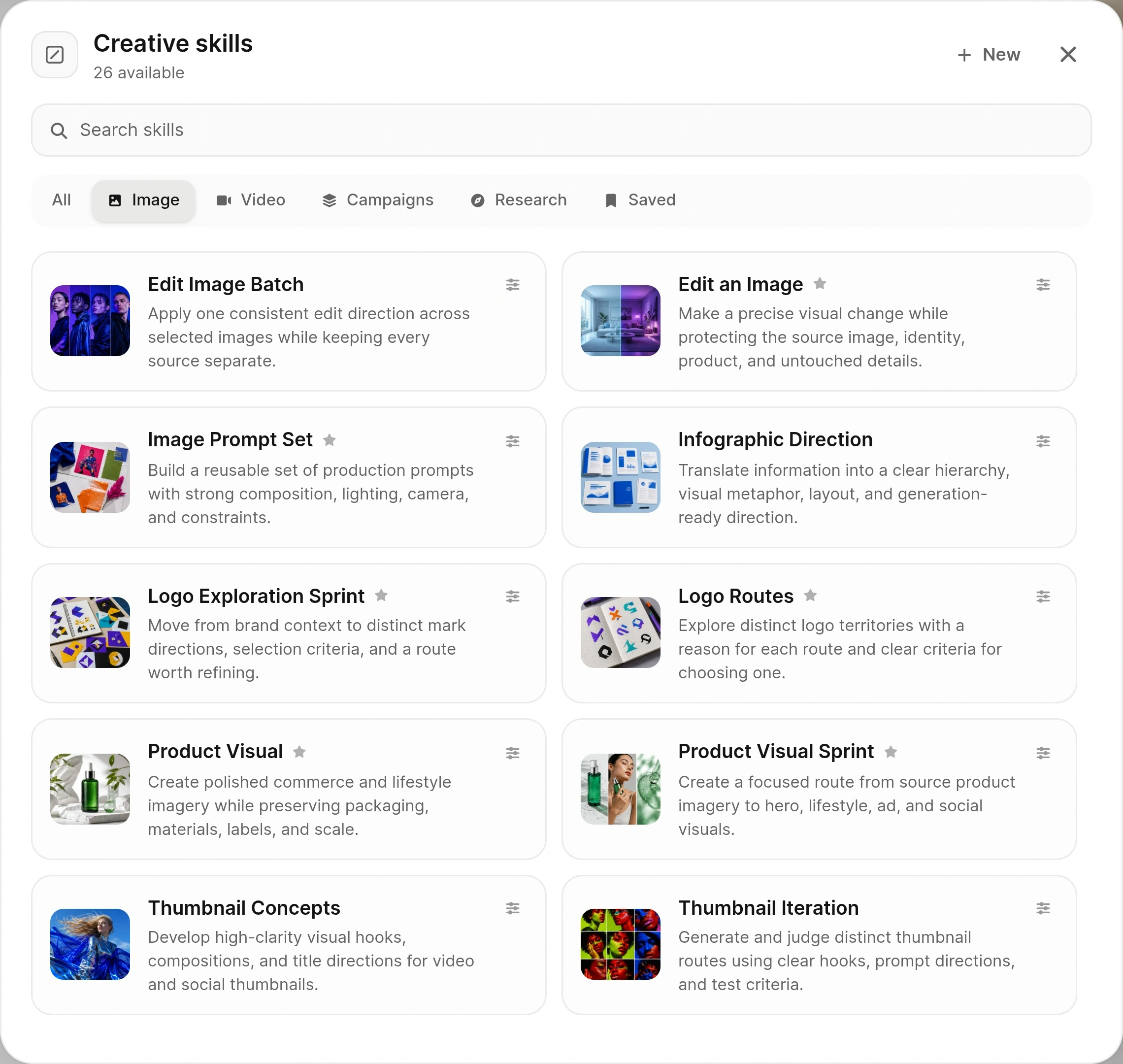 Agent Creative skills library with Image selected and cards for image editing, product visuals, logo routes, and thumbnails.