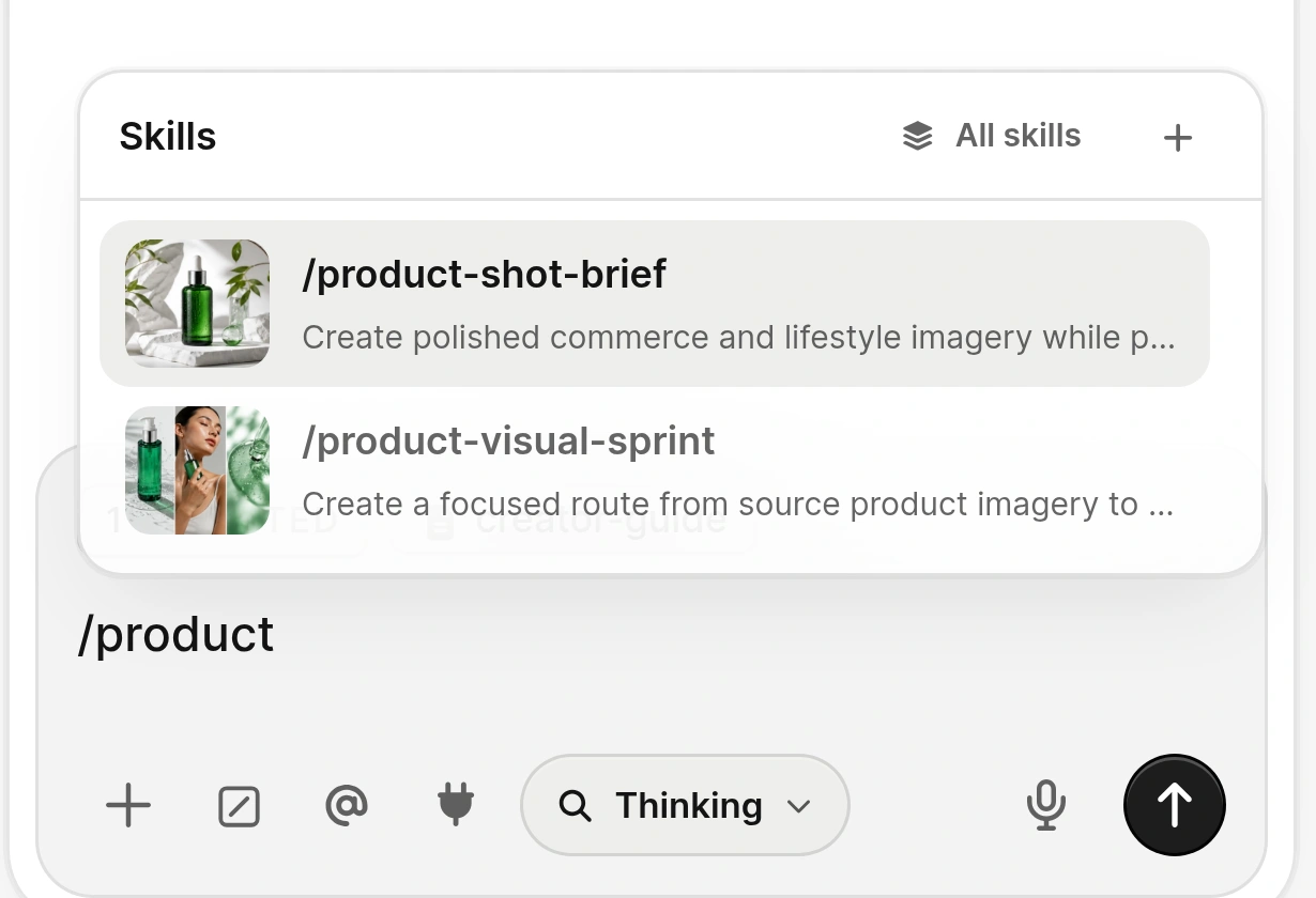 Actual Agent slash picker filtered to product-shot-brief and product-visual-sprint, with thumbnails and the All skills control.