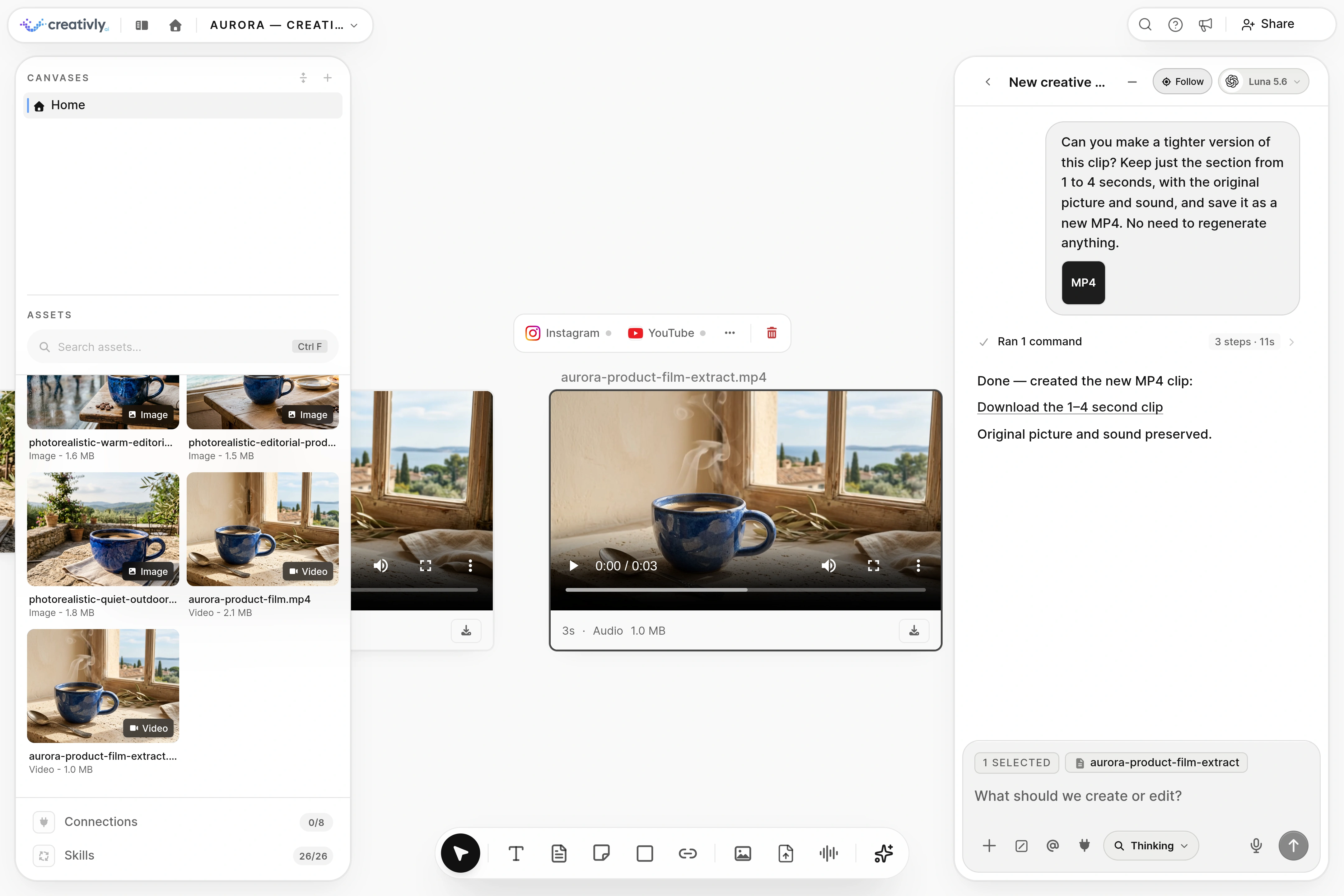 Agent workspace showing the trimmed video, its three-second duration, and the completed request in chat.