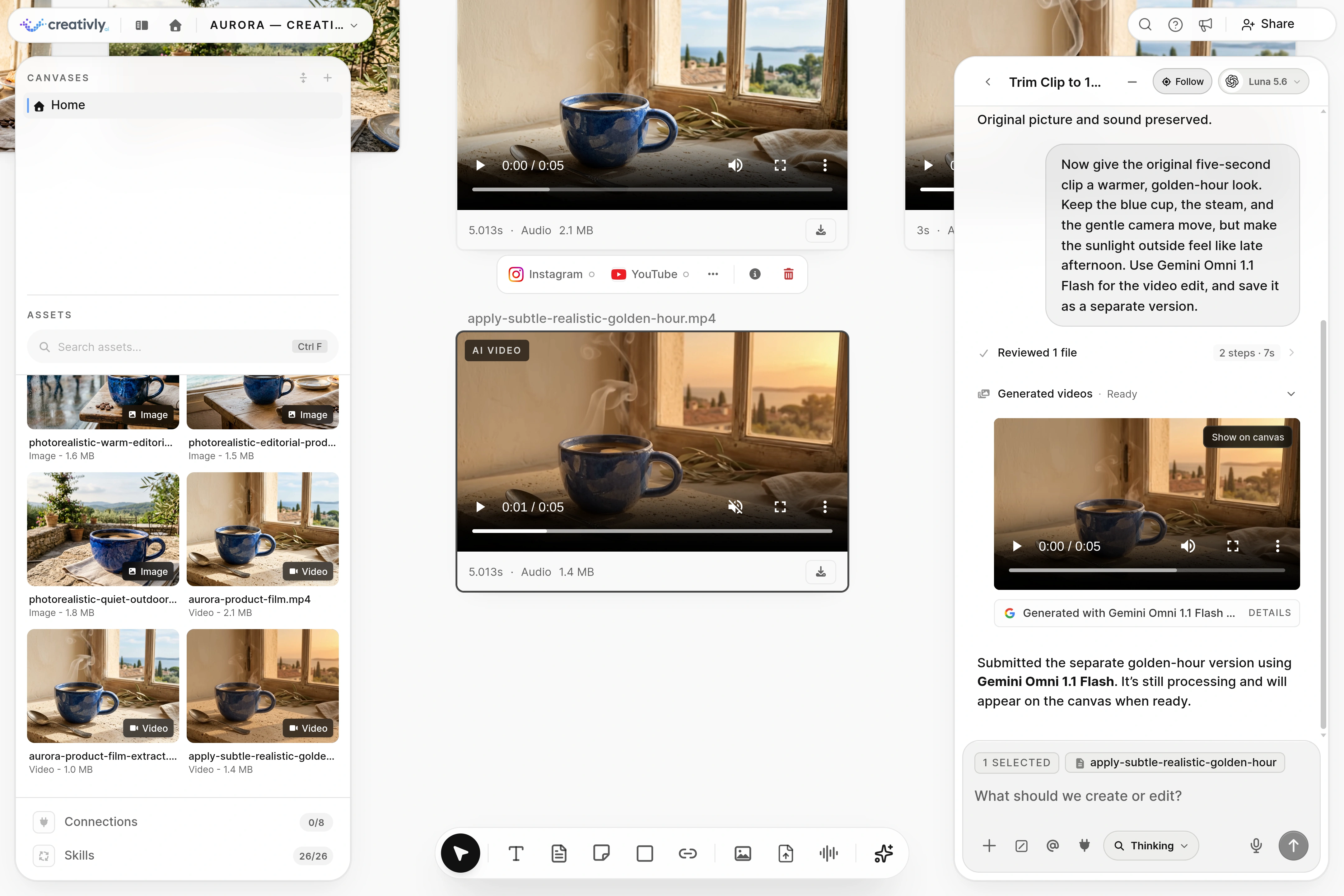 Agent workspace with a completed golden-hour video edit and the Gemini Omni 1.1 Flash model label in chat.