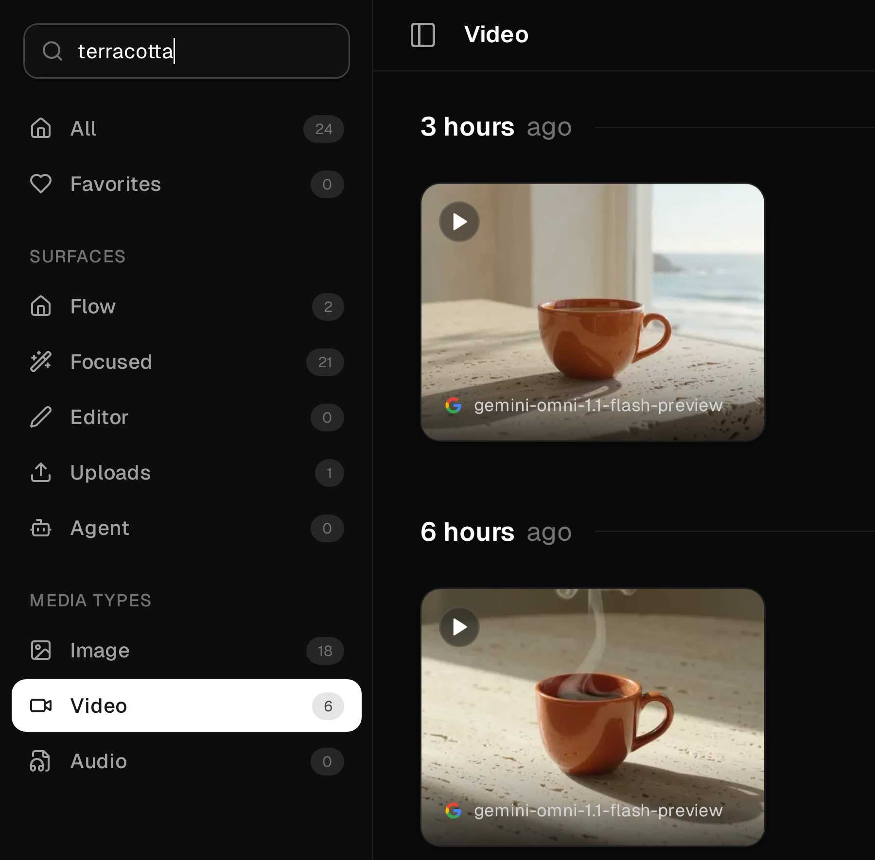 Search for terracotta with Video selected, showing two orange-cup edits while the project totals remain All 24 and Video 6.