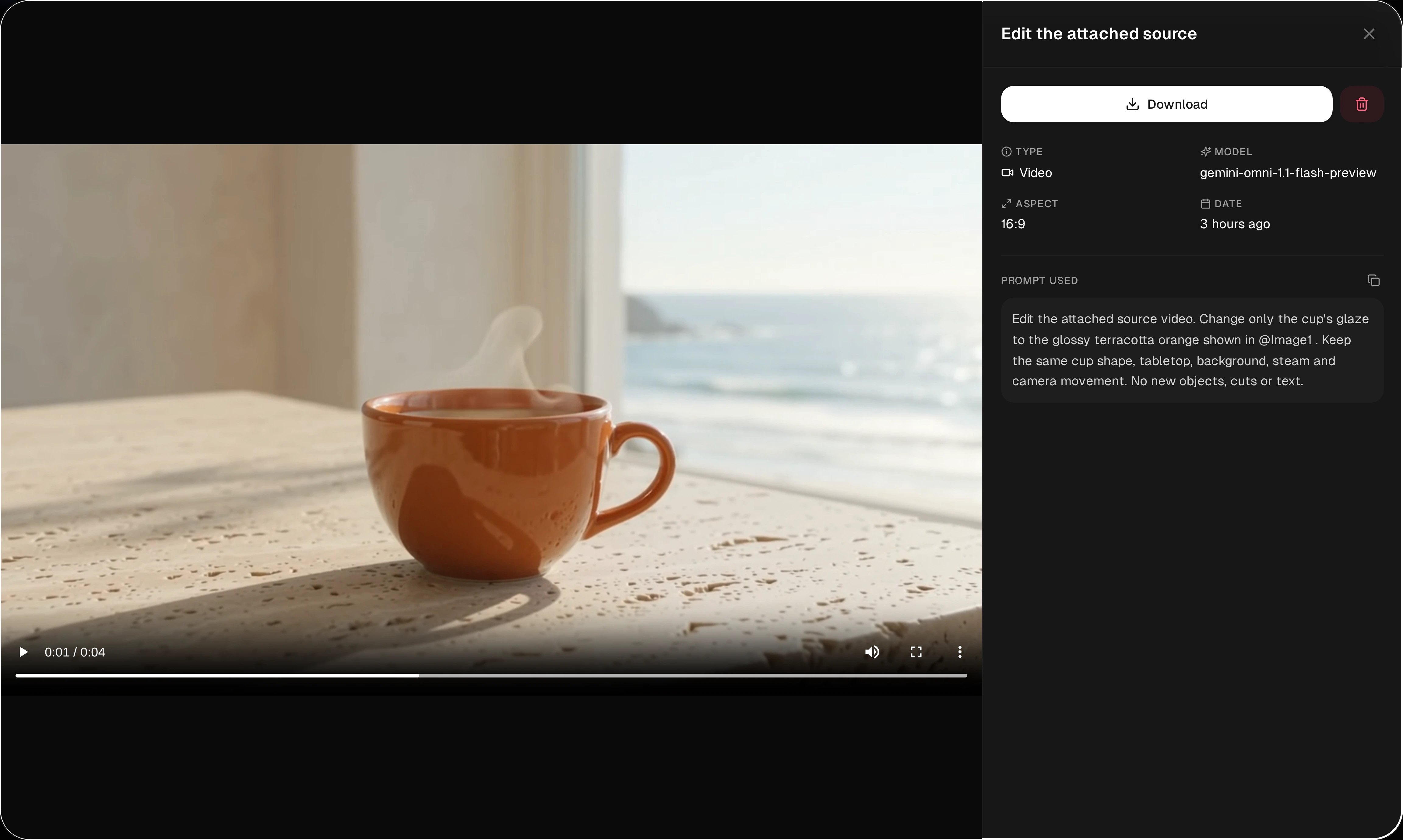 An orange-cup video open in the asset preview with playback controls, Download, Gemini Omni model details, 16:9 ratio and the source-edit prompt.