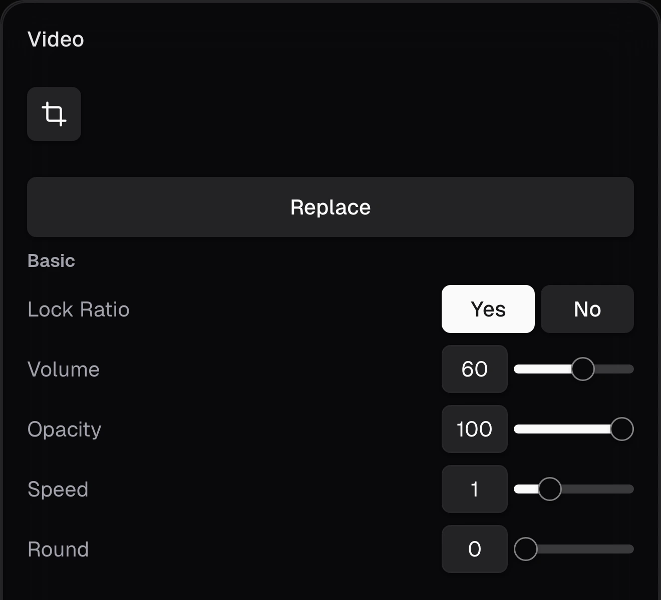 Video properties with Volume 60, Opacity 100, Speed 1 and the ratio lock enabled.