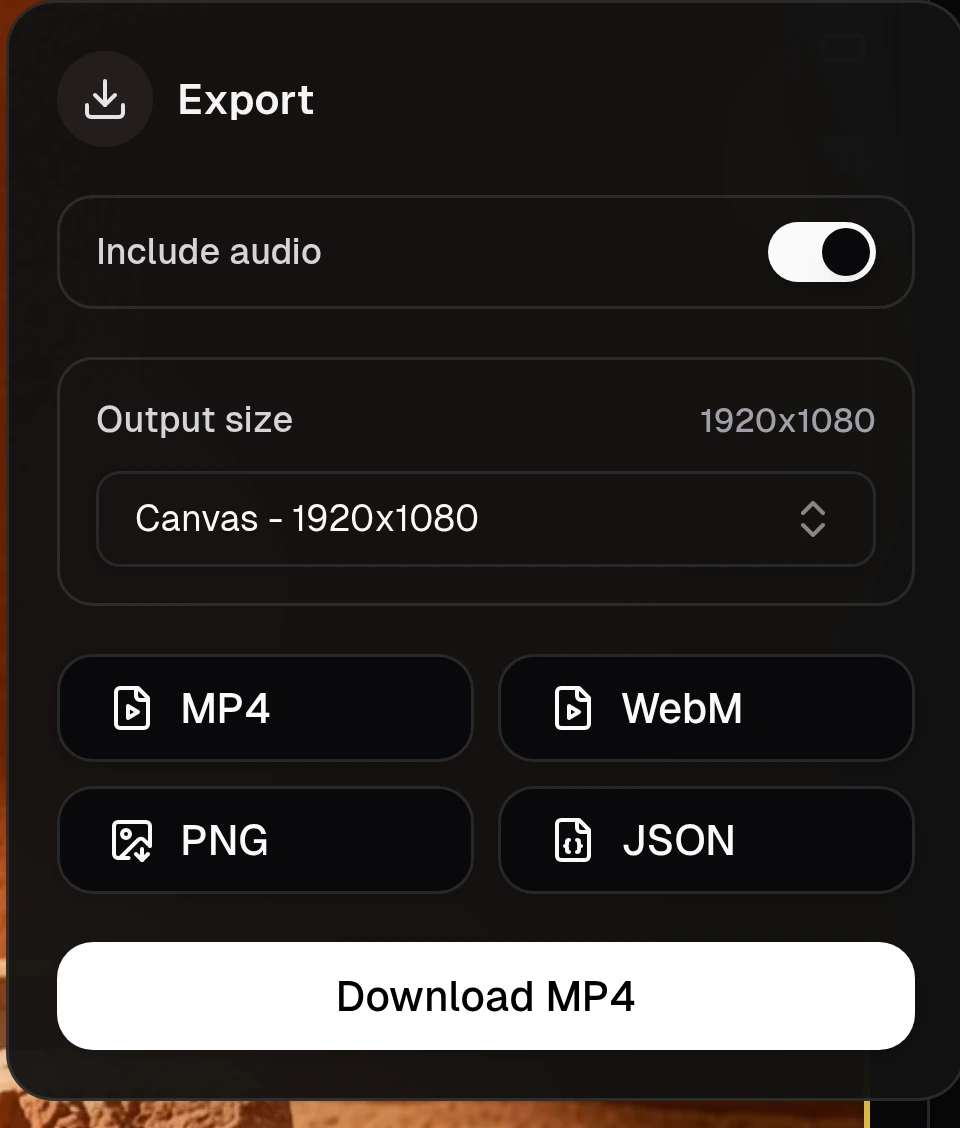 Export popover with Include audio enabled, Canvas 1920 by 1080, format choices, and Download MP4.