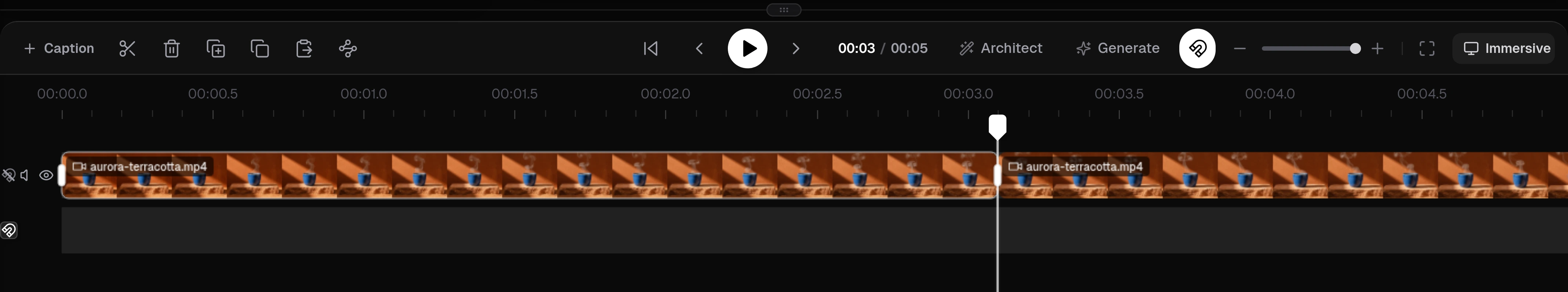 Timeline close-up showing the scissors and delete controls, with a five-second source split into two pieces at about three seconds.