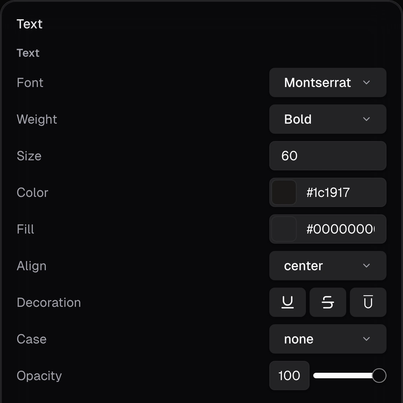 Text properties showing Montserrat Bold, size 60, dark text, transparent fill and centre alignment.